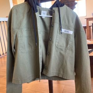 Vans forest green jacket with black hood.